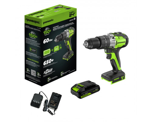Дрель-шуруповерт аккумуляторная GREENWORKS GD24DD60 ударная, 24V, АКБ 2Ач и ЗУ 3704107CUA
