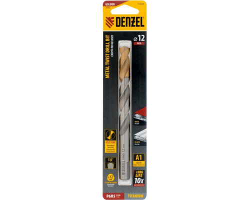 Сверло по металлу Denzel Р6М5, Golden Tip спиральное 12x151мм 718244