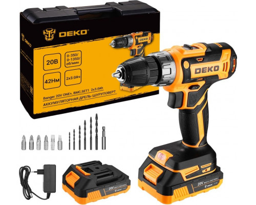 Дрель-шуруповерт аккумуляторная DEKO Banger 20V ONE 13 пр. в кейсе, 2x3.0Ач 083-1109