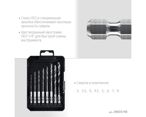 Набор сверл по металлу STAYER 29603-H8 HEX-1/4