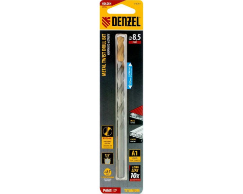 Сверло по металлу Denzel Р6М5, Golden Tip спиральное 8,5х165 мм, удлиненное 718261
