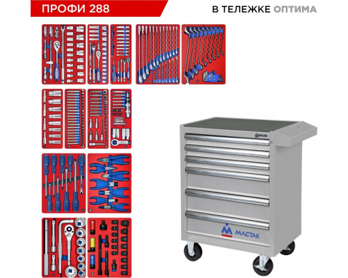 Тележка инструментальная МАСТАК ПРОФИ 288 с набором инструментов 288 пр, серая 52-06288G