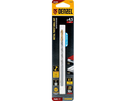 Сверло по металлу Denzel Р6М5, Golden Tip спиральное 4,5х126 мм, удлиненное 718252