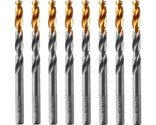 Сверло по металлу Denzel HSS-Tin, Golden Tip 7,5 мм, 8 шт 717218