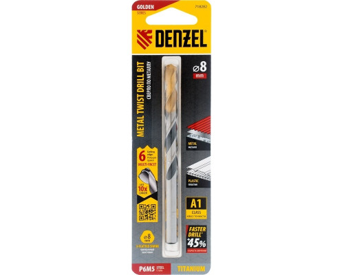 Сверло по металлу DENZEL Р6М5, Golden Tip спиральное 8x117мм, многогранная заточка 718282