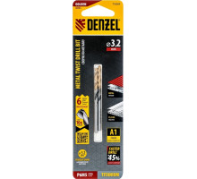 Сверло по металлу DENZEL Р6М5, Golden Tip спиральное 3,2x65мм, многогранная заточка, 2шт 718269