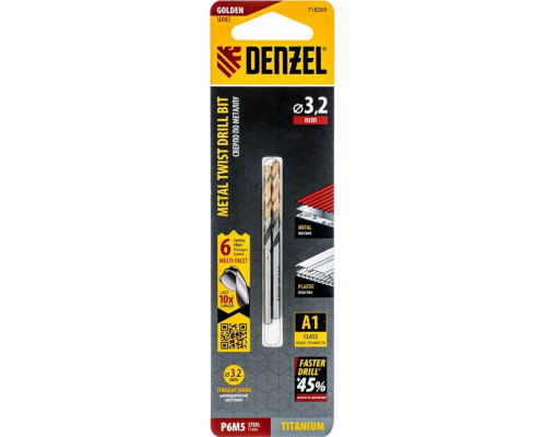 Сверло по металлу DENZEL Р6М5, Golden Tip спиральное 3,2x65мм, многогранная заточка, 2шт 718269