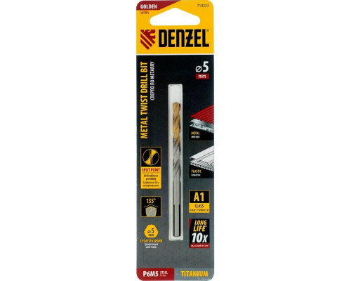 Сверло по металлу Denzel Р6М5, Golden Tip спиральное 5x86мм 718233