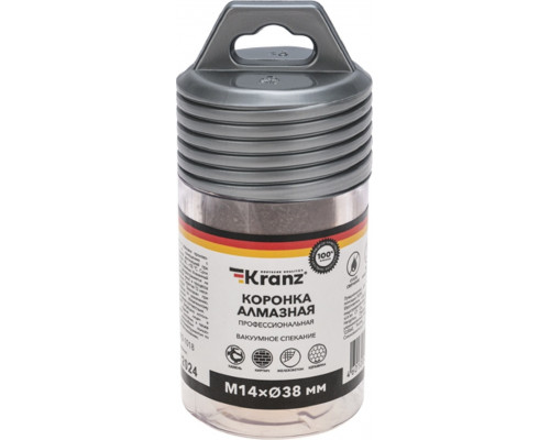 Алмазная коронка для сухого сверления Kranz KR-92-1018 по керамограниту и железобетону М14, 38мм