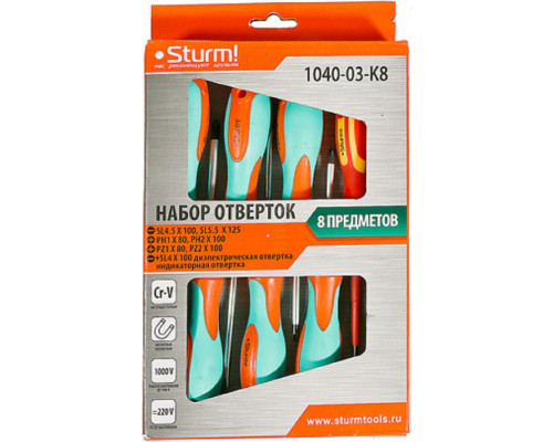 Набор отверток Sturm 1040-03-K8 1 диэлект, 1 тестер, cr-v, 8 пред.