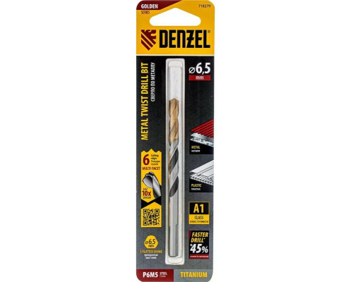 Сверло по металлу Denzel Р6М5, Golden Tip спиральное 6,5x93мм, многогранная заточка 718279