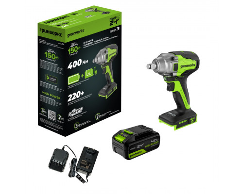 Гайковерт аккумуляторный GREENWORKS GD24IW400 ударный, 24V, АКБ 4Ач и ЗУ 3802907CUB