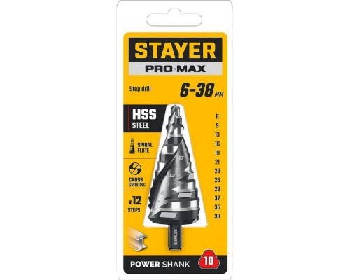 Сверло ступенчатое по металлу STAYER Pro-Max 6-38мм, 12 ступеней 29661-6-38-12