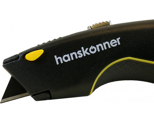 Нож строительный HANSKONNER HK1076-01-P2 с трапециевидным лезвием, 4 запасных лезвия, SK2, рукоятка TPR