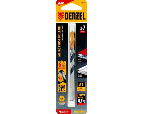Сверло по металлу Denzel Р6М5, Golden Tip спиральное 7,0x109мм, многогранная заточка 718280