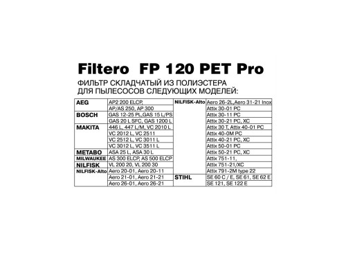 Фильтр для пылесосов FILTERO складчатый из полиэстера FP 120 PET PRO для BOSCH.MAKITA.METABO.NILFISK 05793