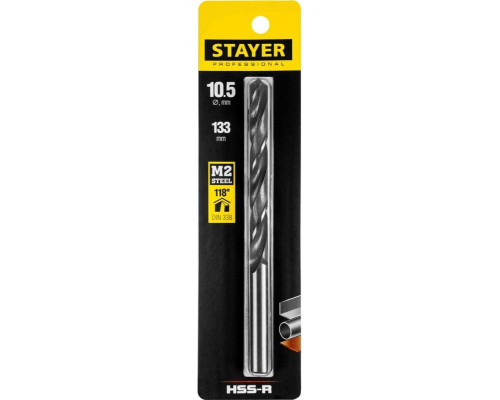 Сверло по металлу STAYER PROFI 10.5х133мм, hss-r, быстрорежущая сталь м2(s6-5-2) 29602-10.5
