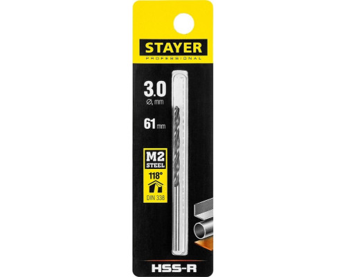 Сверло по металлу STAYER PROFI 3.0х61мм, hss-r, быстрорежущая сталь м2(s6-5-2) 29602-3