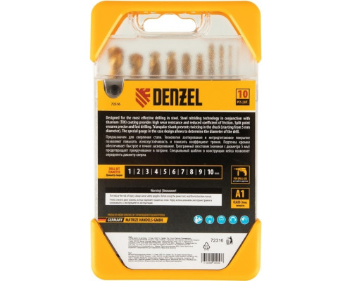 Набор сверл по металлу Denzel HSS-Tin, Golden Tip 1-10 мм, 10 шт 72316