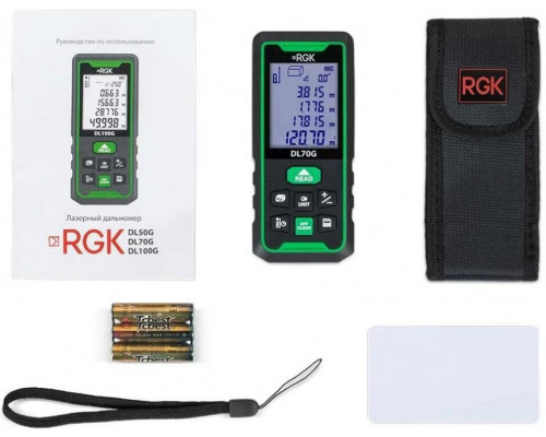Лазерный дальномер RGK DL70G с поверкой, зеленый луч, с угломером 755733