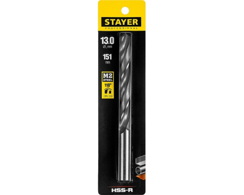 Сверло по металлу STAYER PROFI 13.0х151мм, hss-r, быстрорежущая сталь м2(s6-5-2) 29602-13