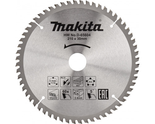 Пильный диск универсальный MAKITA 210x30x1.6x60T алюминия/дерева/пластика D-65604