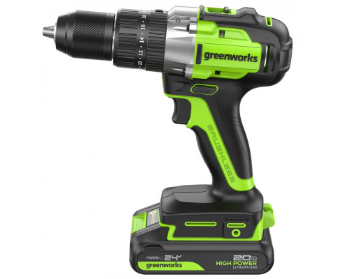 Дрель-шуруповерт аккумуляторная GREENWORKS GD24DD60 ударная, 24V, 2 АКБ 2Ач и ЗУ 3704107CUC