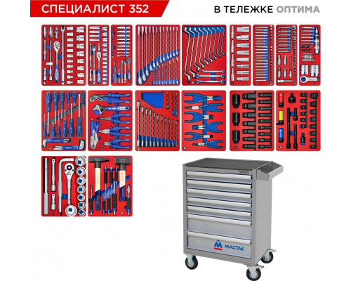Тележка инструментальная МАСТАК СПЕЦИАЛИСТ 352 с набором инструментов 352 пр, серая 52-07352G
