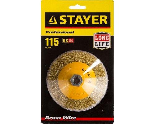 Щетка для УШМ STAYER PROFESSIONAL коническая витая стальная латунированная проволока 35133-115