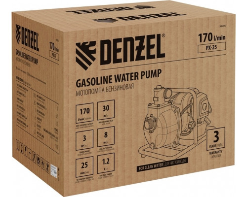 Мотопомпа бензиновая Denzel PX-25 для слабозагрязненной воды, 52 см³, 1 дюйм, 170 л/мин