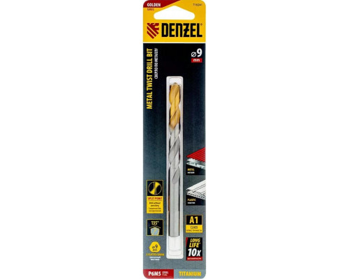Сверло по металлу Denzel Р6М5, Golden Tip спиральное 9x125мм 718241