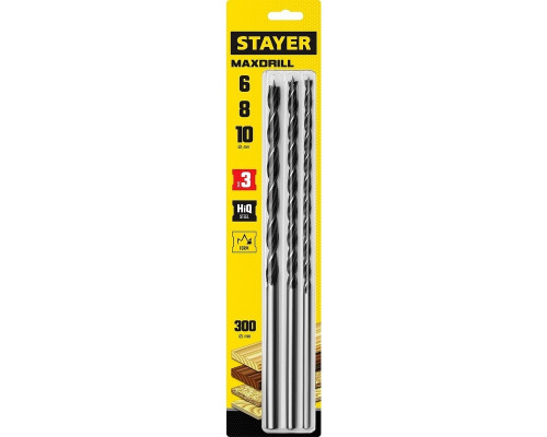 Набор сверл по дереву STAYER Maxdrill 3 шт., 6-8-10х300 мм, спиральных 2943-300-H3_z01
