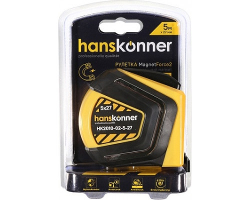 Рулетка HANSKONNER HK2010-02-5-27 автостоп, противоударный обрезиненный корпус, магнит