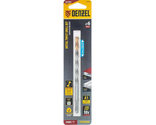 Сверло по металлу Denzel Р6М5, Golden Tip спиральное 6х139 мм, удлиненное 718256