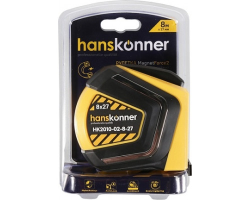 Рулетка HANSKONNER HK2010-02-8-27 автостоп, противоударный обрезиненный корпус, магнит