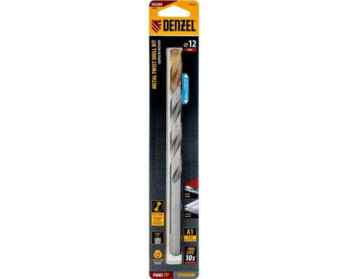Сверло по металлу Denzel Р6М5, Golden Tip спиральное 12x205 мм, удлиненное 718265