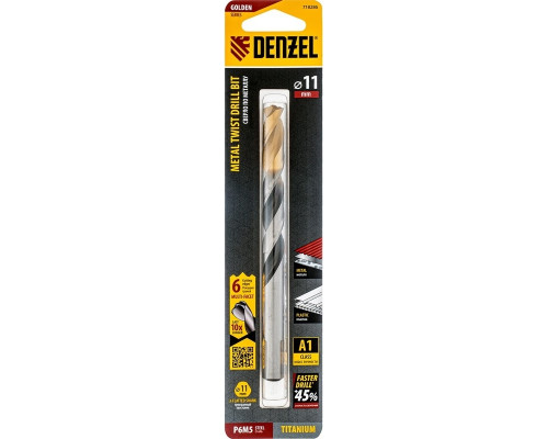 Сверло по металлу DENZEL Р6М5, Golden Tip спиральное 11x142мм, многогранная заточка 718286