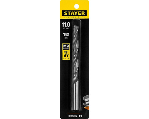 Сверло по металлу STAYER PROFI 11.0х142мм, hss-r, быстрорежущая сталь м2(s6-5-2) 29602-11