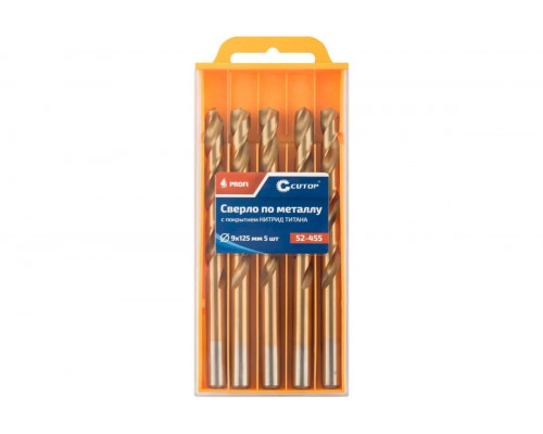 Сверло по металлу Cutop Profi 9х125 мм с титановым покрытием, 5 шт 52-455