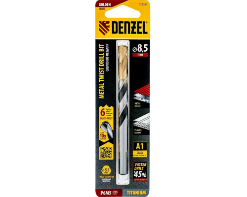 Сверло по металлу Denzel Р6М5, Golden Tip спиральное 8,5x117мм, многогранная заточка 718283