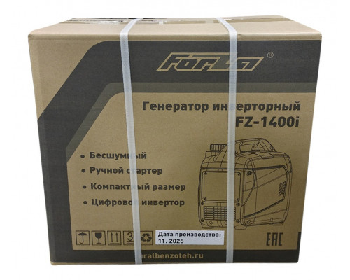 Генератор инверторный FORZA FZ-1400i (1,1-1,2кВт; 230В; Двигатель 4-х тактный, SH60B ; Бензин; Ёмкость бака: 2л; Ёмкость картера: 0,35л; Ручной стартер.; Время работы: 3ч; 59Дб;  Вес: 12кг)