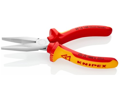 Длинногубцы KNIPEX KN-3016160SB VDE, плоские рифленные губки 46.5 мм, длина 160 мм