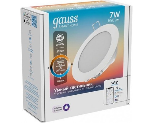 Потолочный светодиодный светильник GAUSS Smart home даунлайт 7w 650lm 2700-4000к 220-240v ip20 105*35м [2030122]