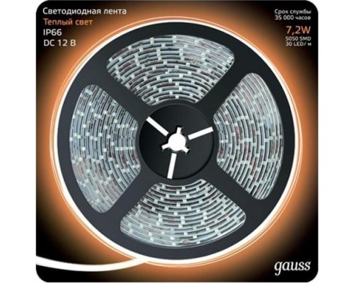 Лента светодиодная GAUSS LED 5050/30-smd 7.2w 12v dc теплый белый ip66 (блистер [311000107]