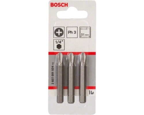 Бита для заворачивания BOSCH Extra Hard 51 мм PH3 3шт [2607001524]