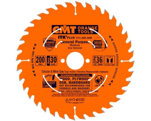 Пильный диск по дереву СМТ 200X30X1,8/1,215°10°ATB+8°SHEARZ=36 [271.200.36M]