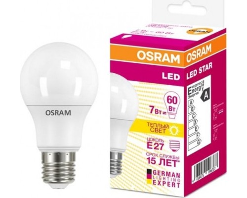 Лампа светодиодная OSRAM LED Star A 60 7вт матовая 2700к тепл. бел. e27 600лм [4058075096387]