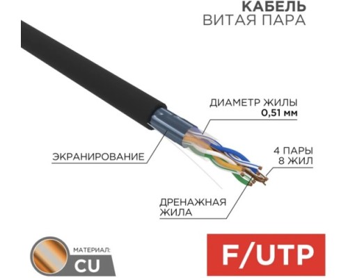 Кабель REXANT F/UTP, CAT 5e, ZH нг(A)-HF, 4PR, 24AWG внешний, черный, 305м [01-0165]