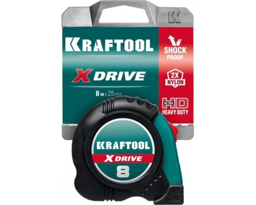 Рулетка KRAFTOOL X-Drive 8м/25мм с ударостойким обрезиненным корпусом [34122-08_z02]