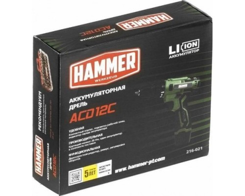 Дрель-шуруповерт аккумуляторная Hammer ACD12C 1x1.5Ah Li-ion, 26Hм [216-021]